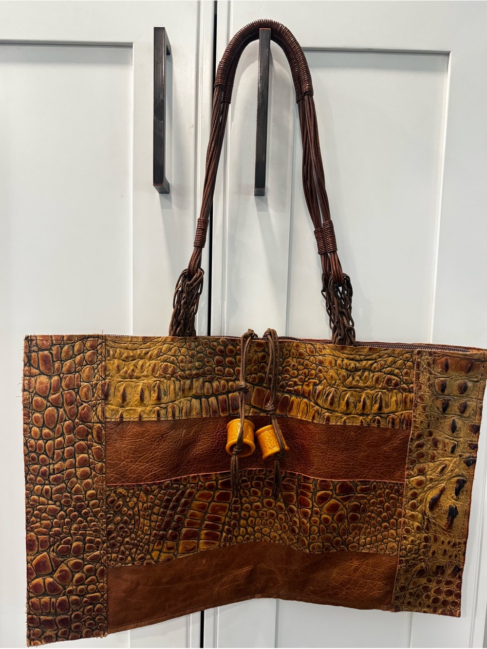 Vintage Susan Riedweg Leather Tote Croc Embossed Patchwork Bag Handmade USA VTG